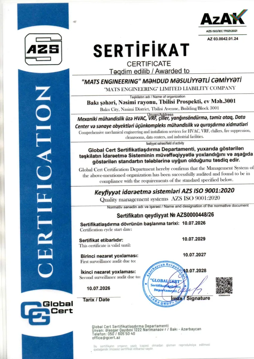 ISO 9001:2020 keyfiyyət idarəetmə sistemi sertifikatı — Global Cert