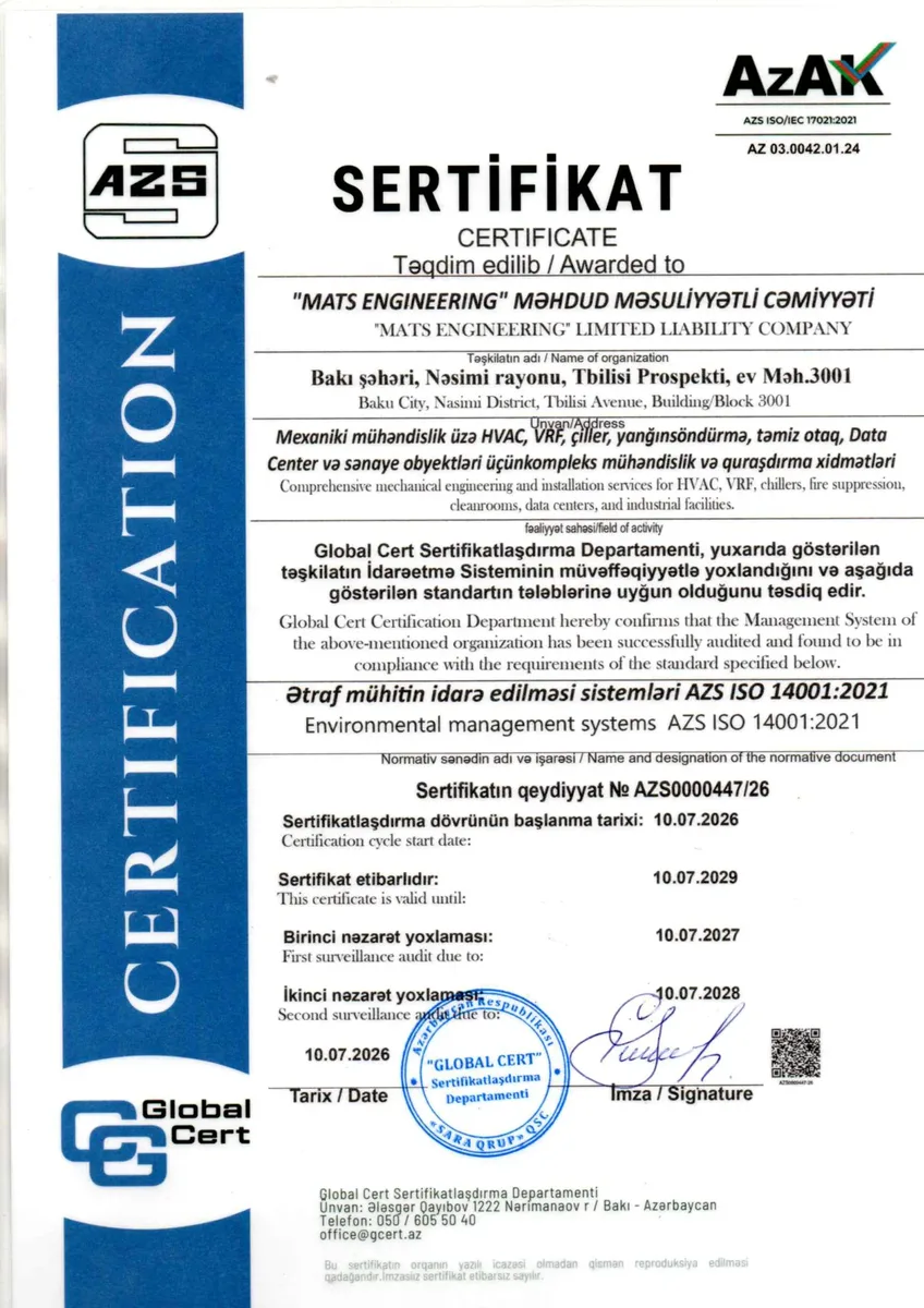ISO 14001:2021 ətraf mühitin idarə edilməsi sistemi sertifikatı — Global Cert