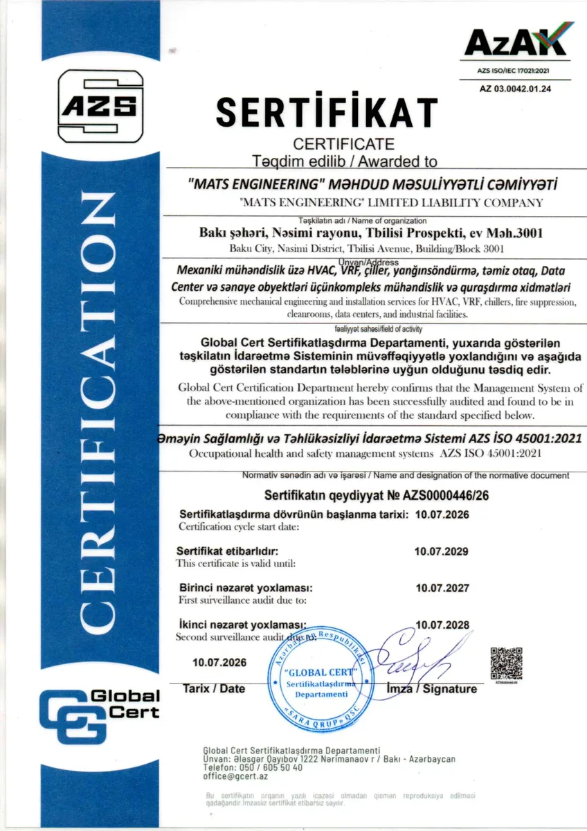 ISO 45001:2021 əməyin sağlamlığı və təhlükəsizliyi idarəetmə sistemi sertifikatı — Global Cert