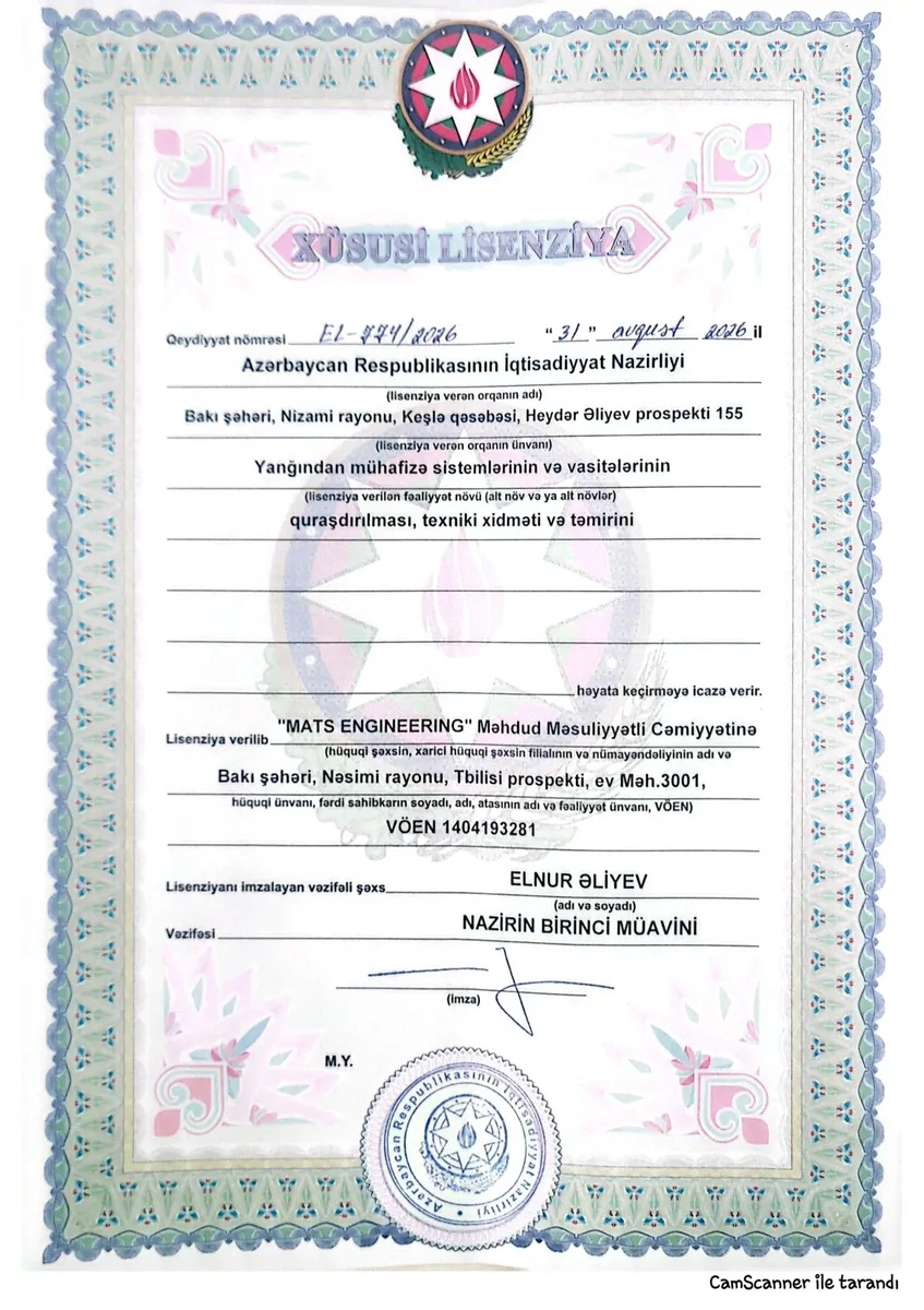 Yanğından mühafizə sistemlərinə xüsusi lisenziya EL-774/2026 — İqtisadiyyat Nazirliyi