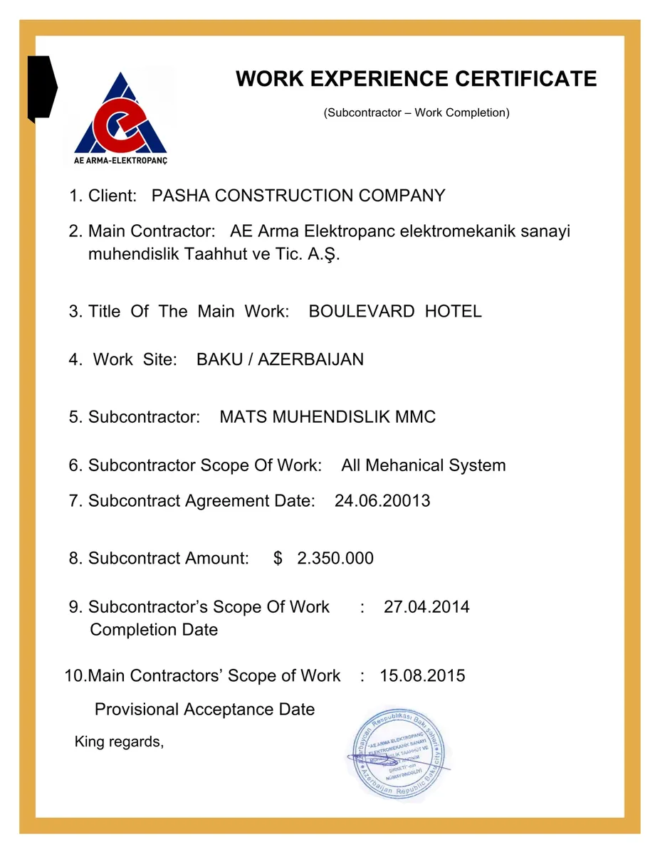 AE Arma-Elektropanç — Boulevard Hotel iş təcrübəsi sertifikatı